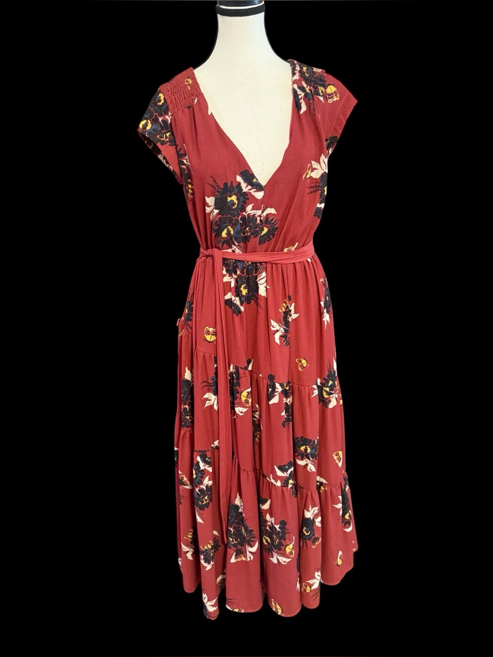 Free People All I Got Maxi Dress Retro Floral Botanical Tiered Plunge OB560654 - Picture 2 of 6